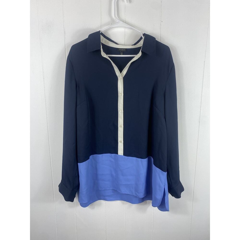 Talbots Womens Button Up Long Sleeve Blouse Blue XL Colorblock Office Career